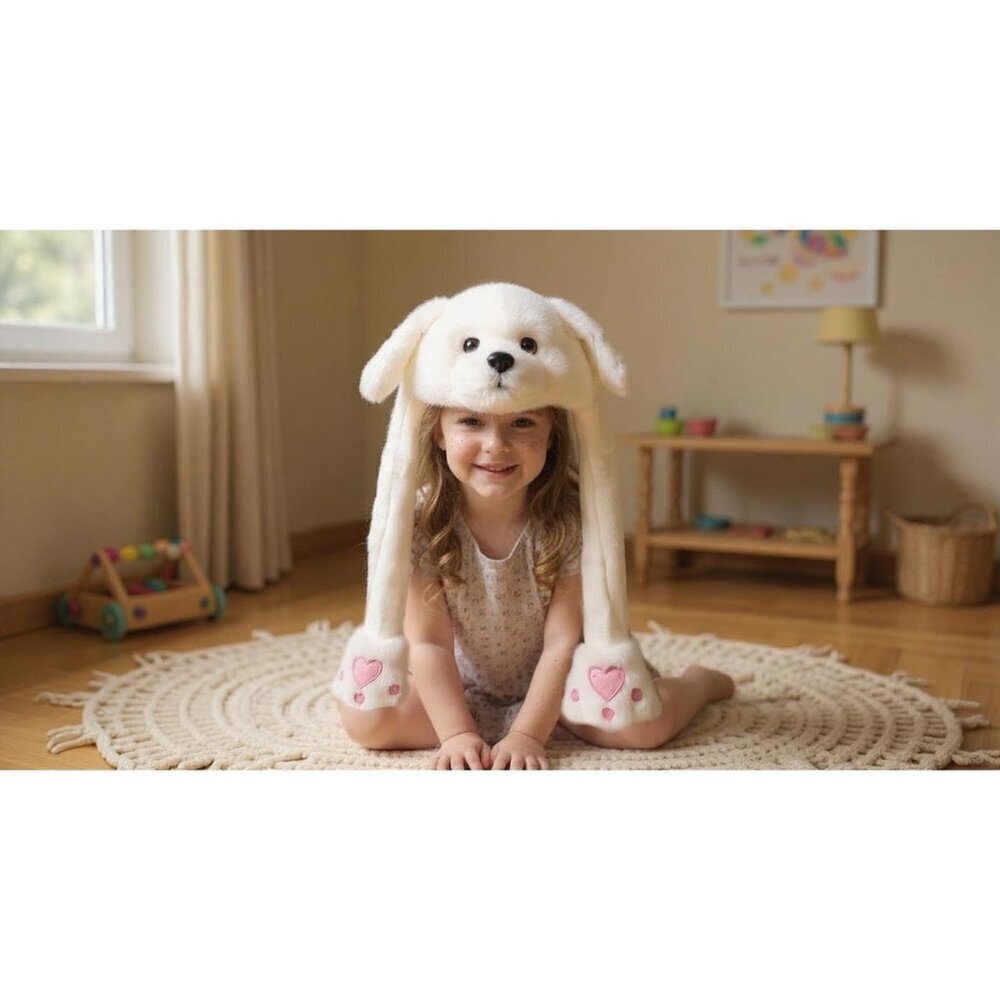 Kids Puppy Animal Hat with Ears Moving Jumping Pop Up Beating Plush Holiday - Picture 7 of 7